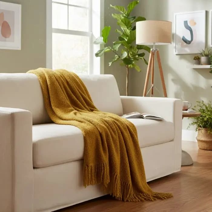 Mustard Yellow Bouclé Wool Throw Blanket – 55x79 in – Warm & Cozy Bouclé Throw for Sofa or Outdoor Use - View 3