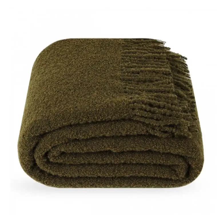 Premium Olive Green Bouclé Wool Throw Blanket 55x79 in - View 1