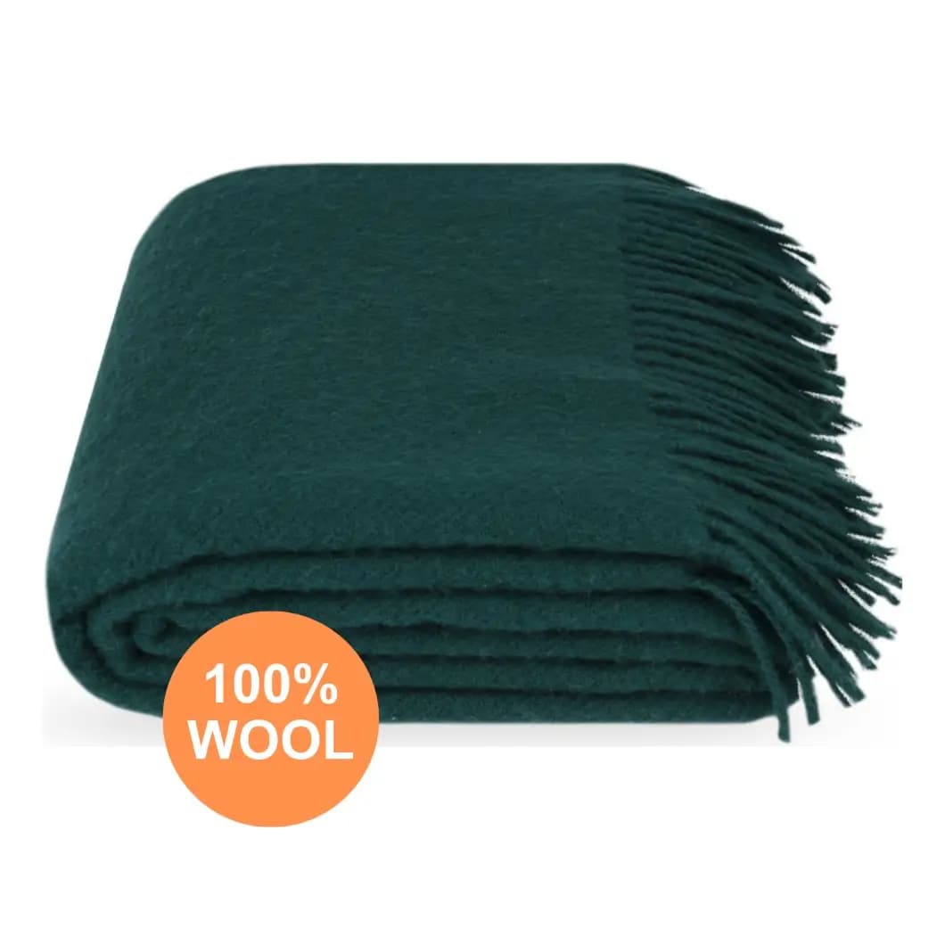 Dark Green 100% Wool Throw Blanket with Fringe, 55 x 79 in - View 2