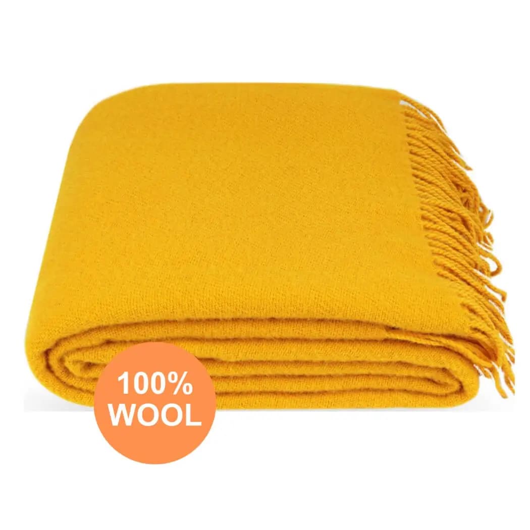100% Wool Blanket, Golden Yellow Throw with Fringe, 55 x 79 in - View 2