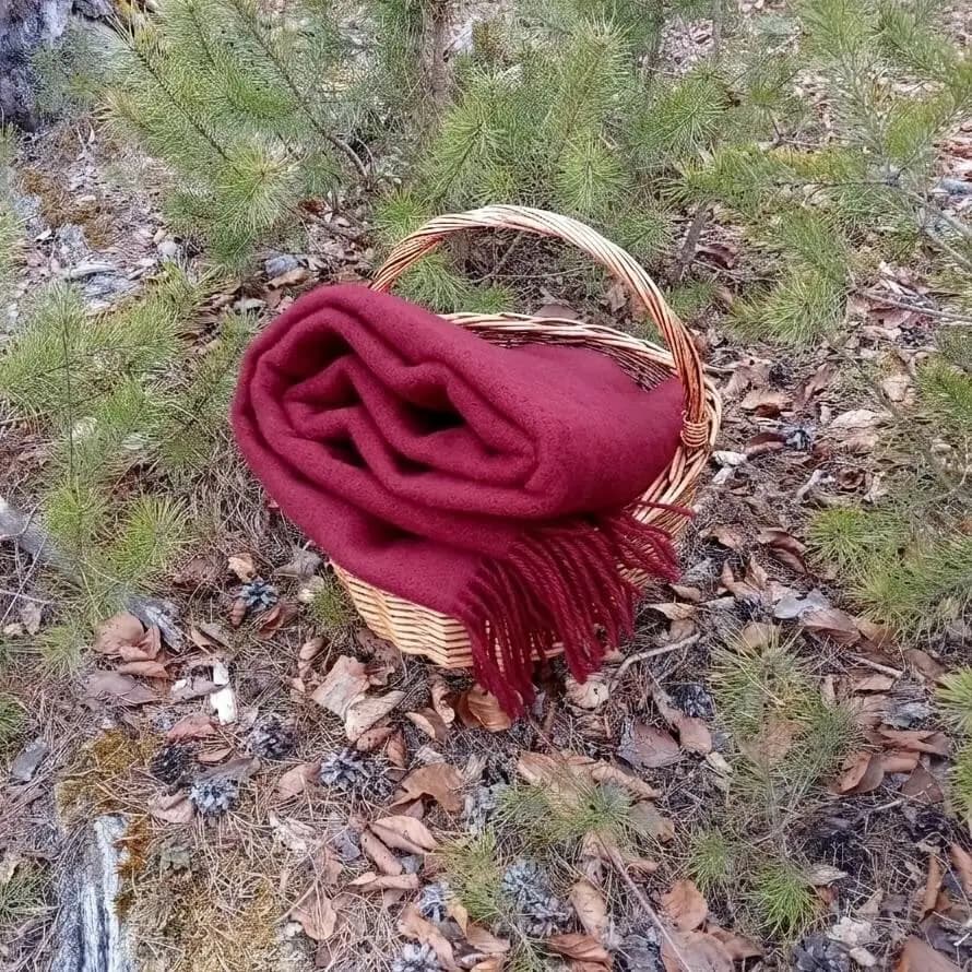Burgundy 100% Wool Throw Blanket with Fringe, 55"x79" - View 4