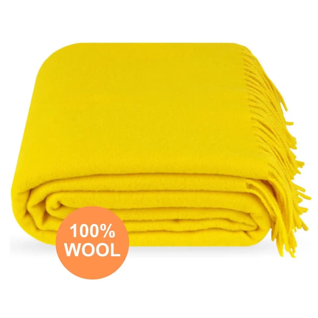 Lemon Yellow 100% Wool Throw Blanket with Fringe, 55x79 in - View 2