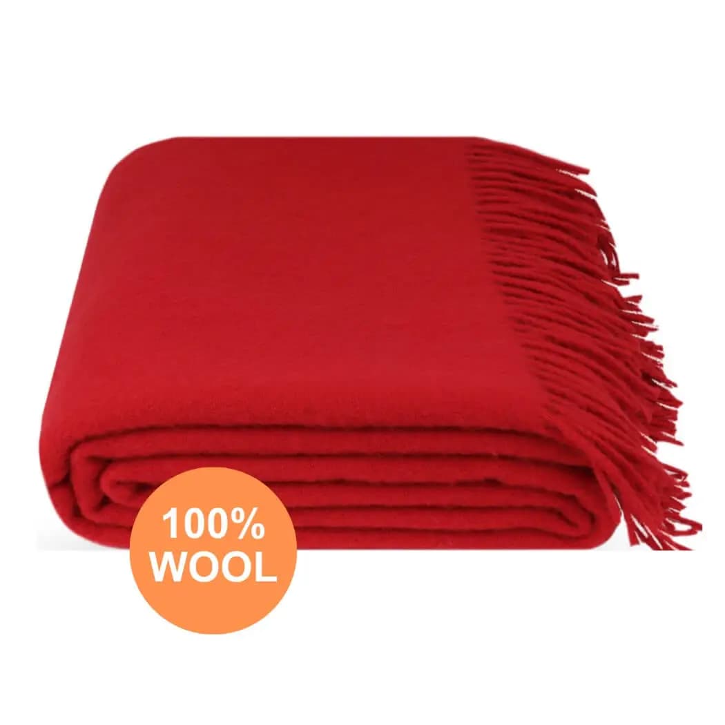 Solid Red 100% Wool Throw Blanket with Fringe, 55x79 in - View 2
