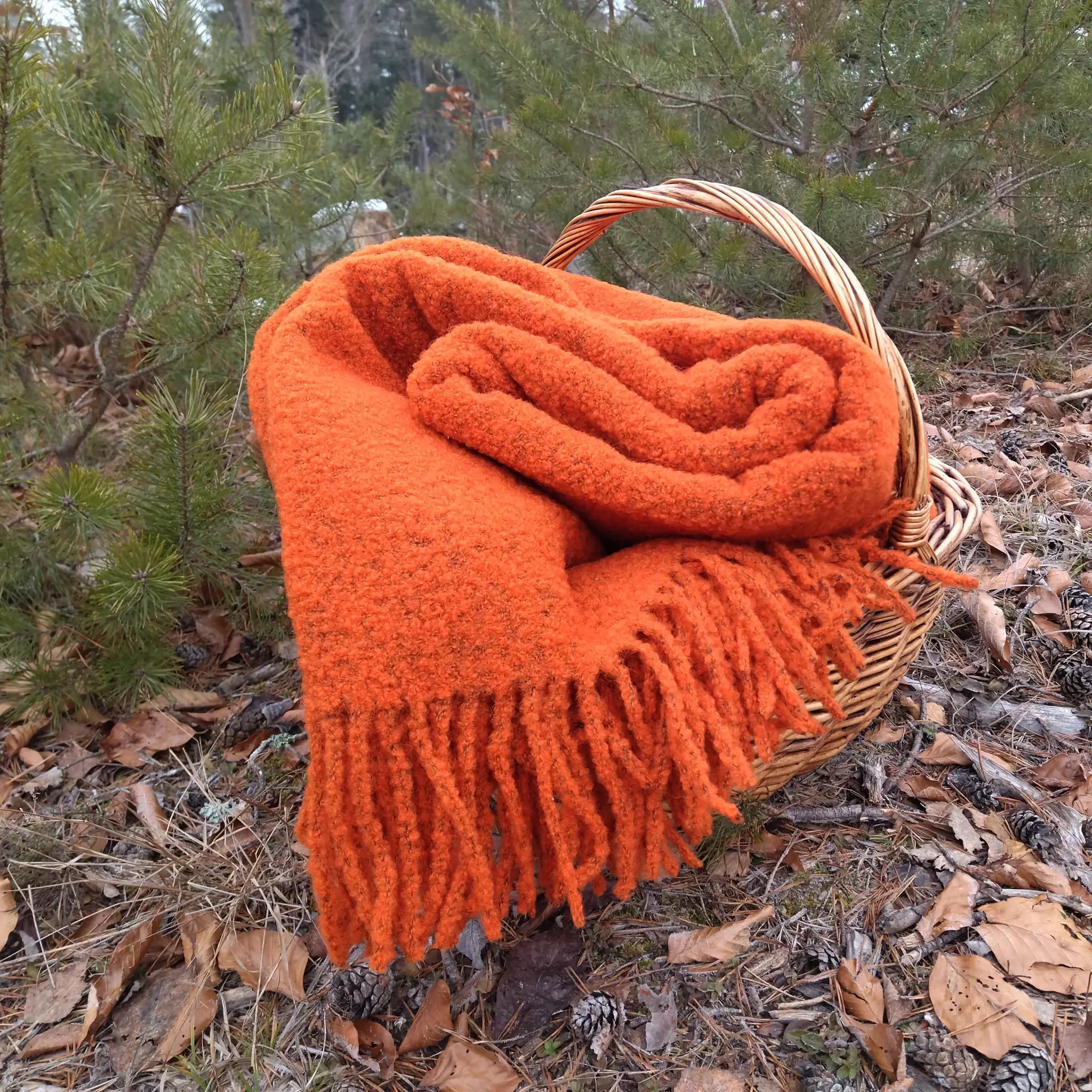 Orange Bouclé Wool Throw Blanket – 55x79 in, Warm & Cozy Sofa or Garden Throw with Fringes - View 4