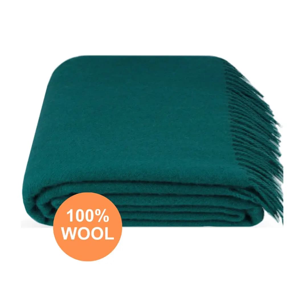 Dark Teal 100% Wool Throw Blanket with Fringe, 55x79 in - View 2