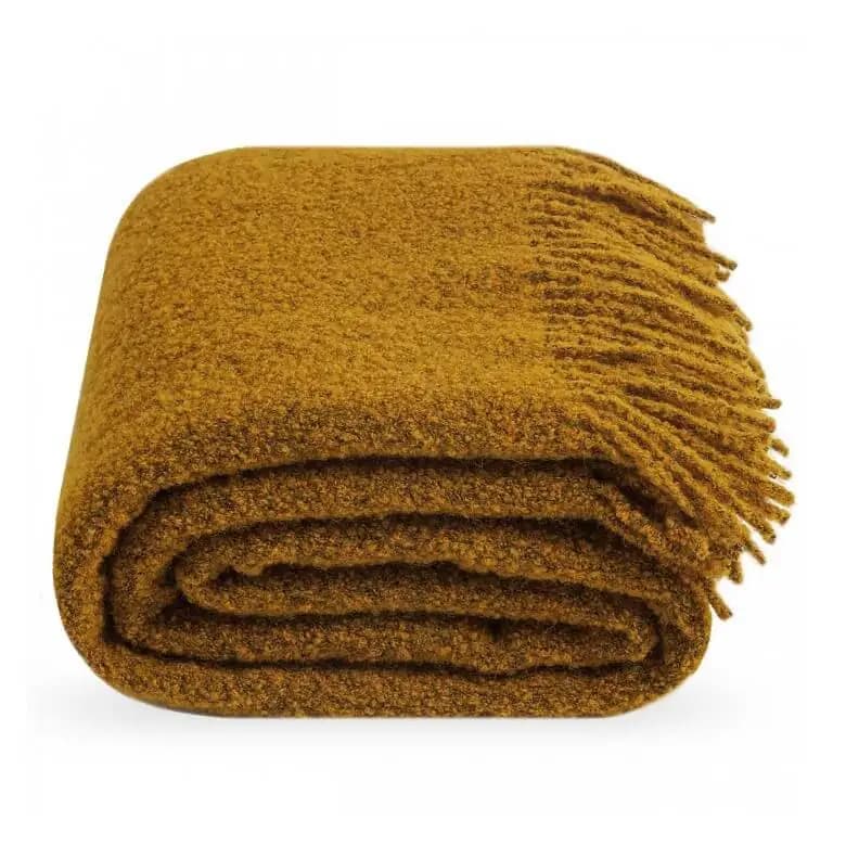 Mustard Yellow Bouclé Wool Throw Blanket – 55x79 in – Warm & Cozy Bouclé Throw for Sofa or Outdoor Use
