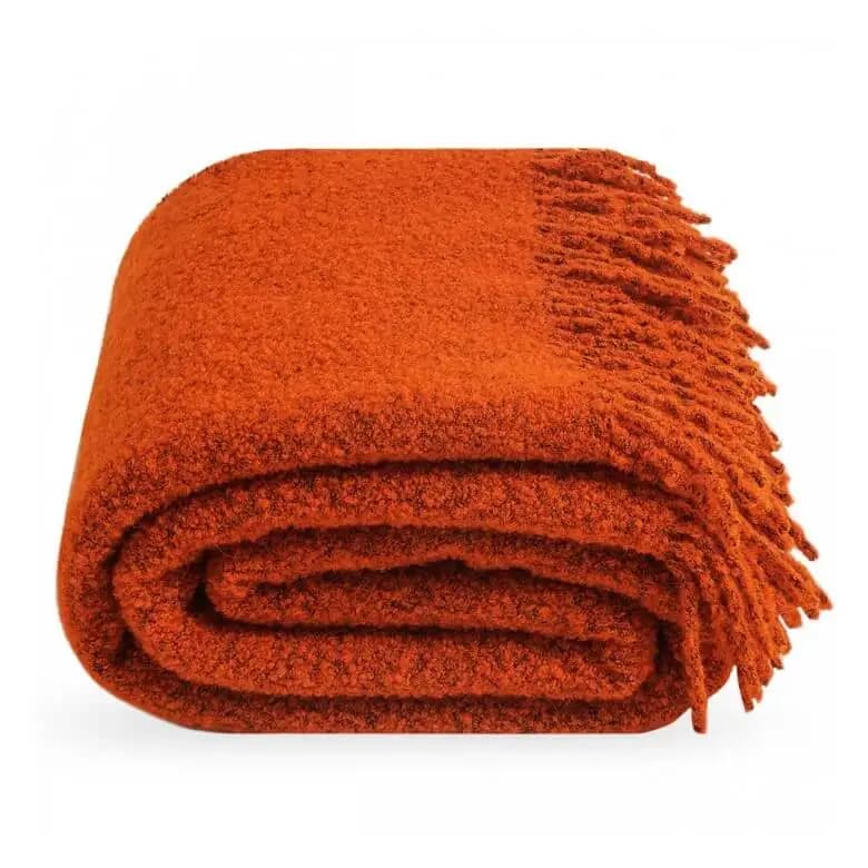 Orange Bouclé Wool Throw Blanket – 55x79 in, Warm & Cozy Sofa or Garden Throw with Fringes