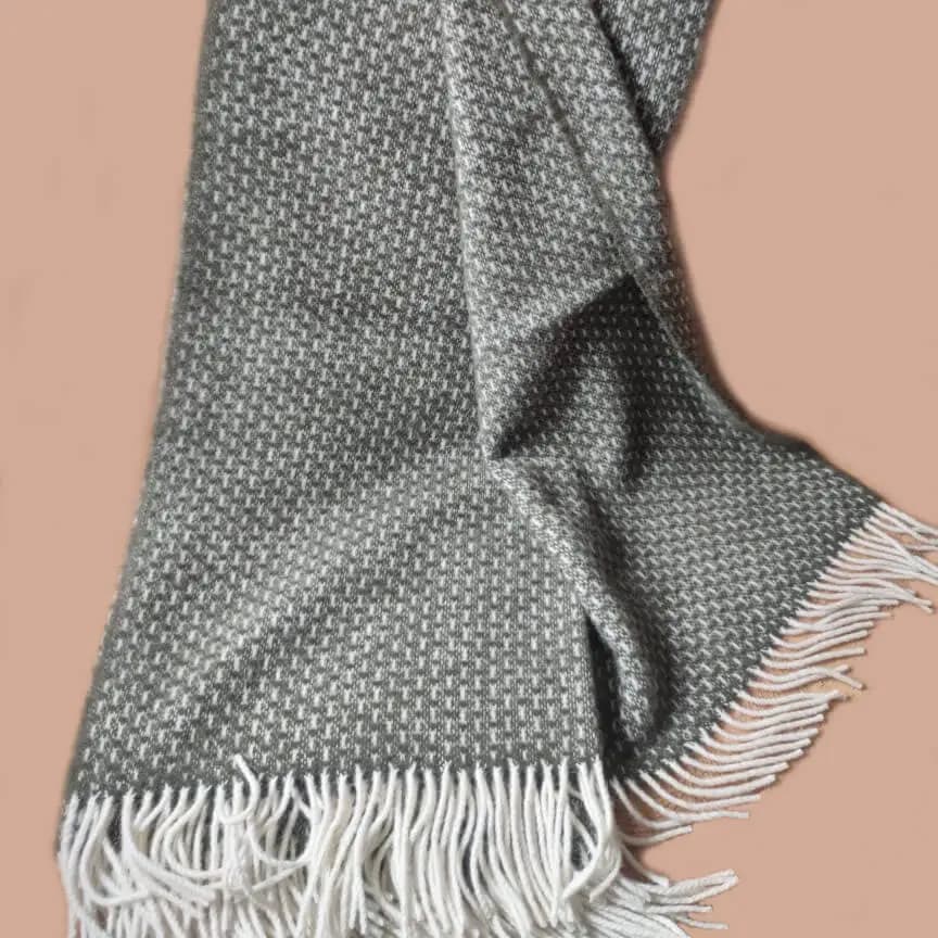 Dark Green 100% Wool Throw Blanket with White Fringe - View 3