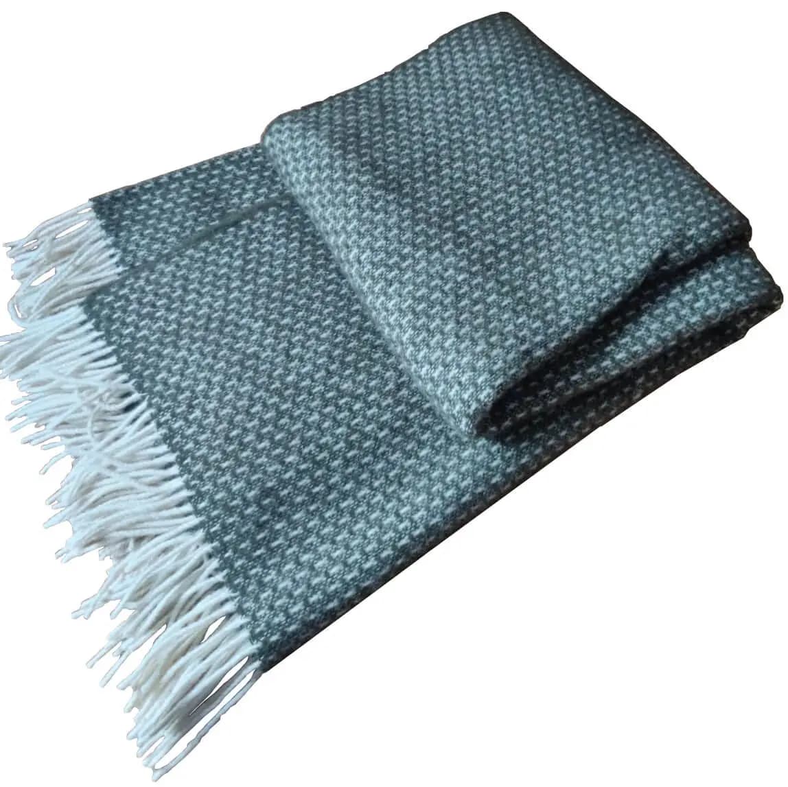 Dark Green 100% Wool Throw Blanket with White Fringe - View 2