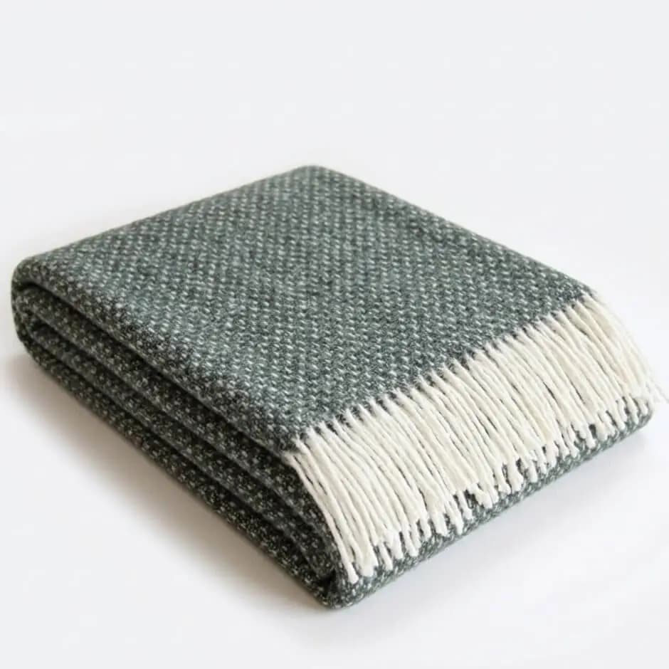 Dark Green 100% Wool Throw Blanket with White Fringe
