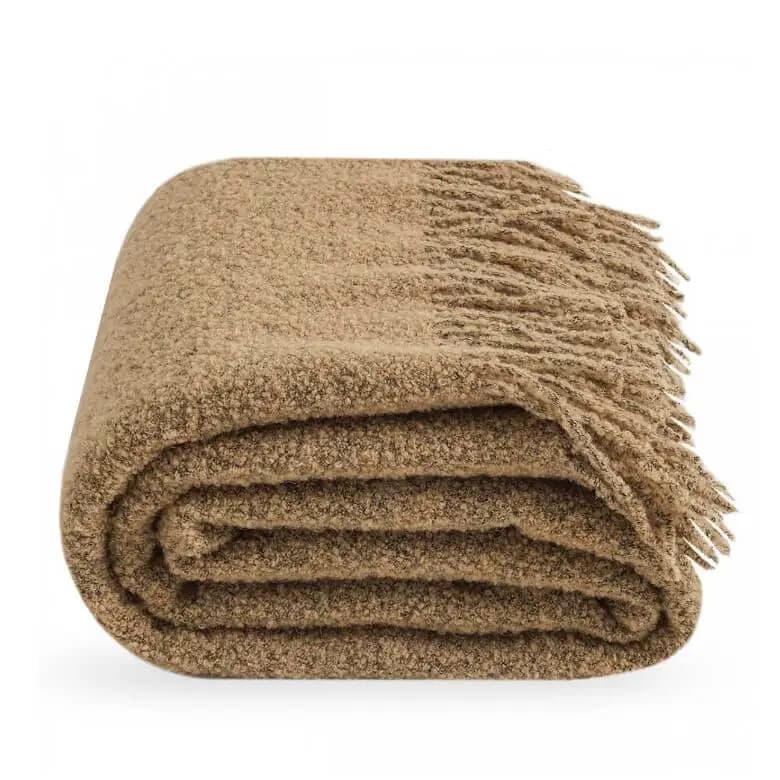 Beige Bouclé Wool Throw Blanket – 55x79 in, Warm Textured Sofa & Bed Throw