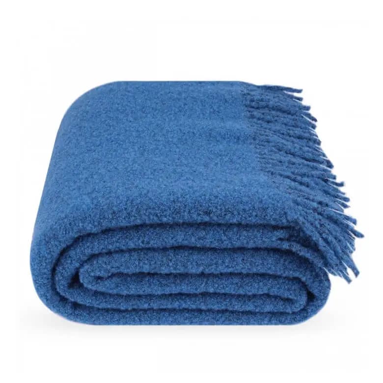 Blue Bouclé Wool Throw Blanket 55x79 in – Warm Wool Sofa Blanket with Fringe