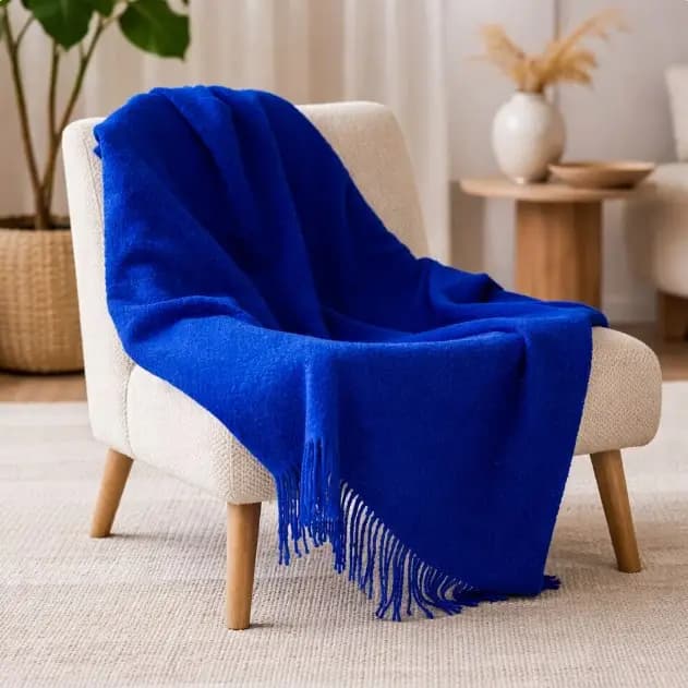 Royal Blue Bouclé Wool Throw Blanket 55x79 in - Textured Wool Throw - View 3